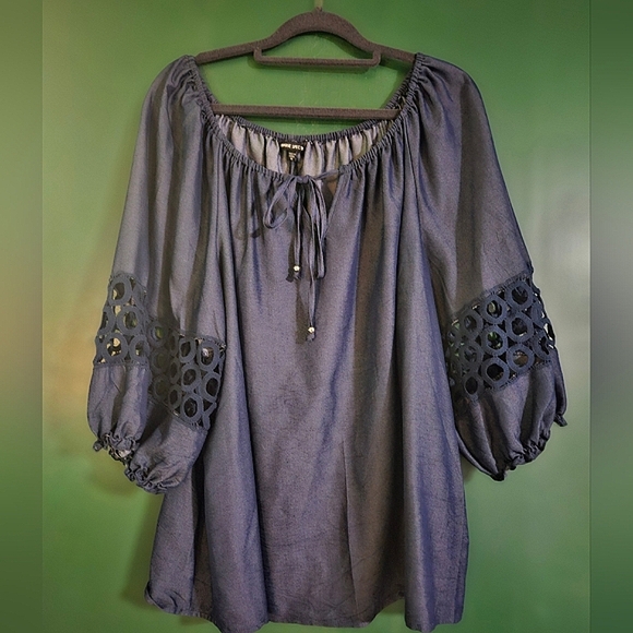 Unique Spectrum Tops - Navy Blouse with Lace Sleeves
